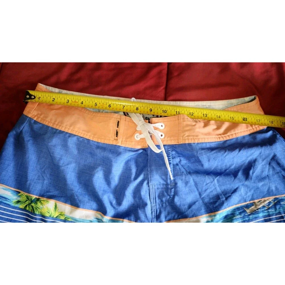 Ron Jon Surf Shorts Men 34 Blue Peach Beach Graphic Hawaiian Floral Zip Pocket - Picture 9 of 10